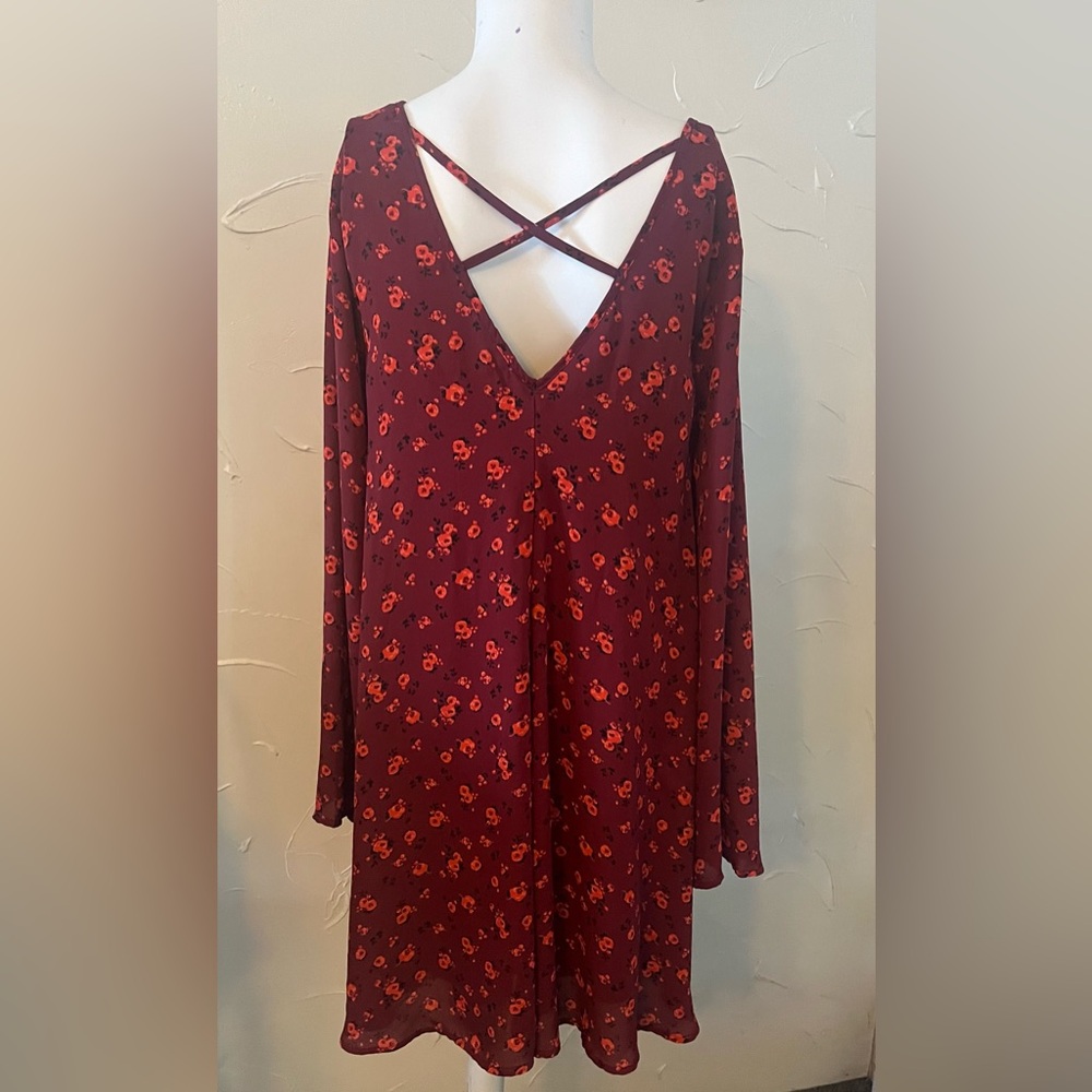Copper Key Red Floral Shift Dress Flared Sleeve SZ L
